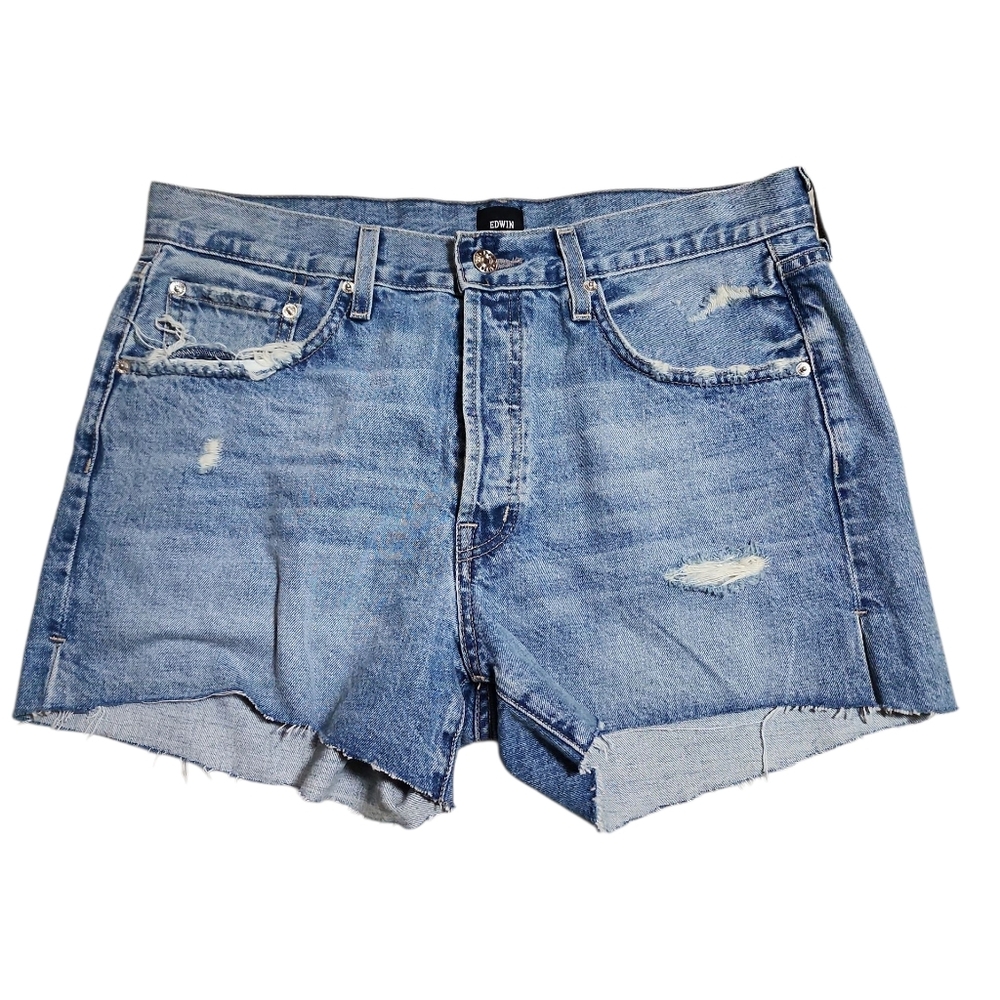 Edwin Cut Off Button Fly Cal Distressed Denim Shorts Size 31